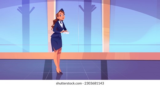 Stewardess in airport corridor vector illustration. Hostess woman attendant service character. Commercial female uniform staff standing and welcome in hall game banner panoramic before travel scene