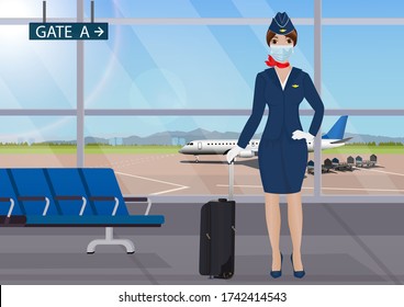 Stewardess In Airport. Stewardess Female Worker Using Face Mask For Covid19. Vector Illustration.