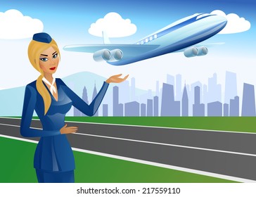 Stewardess at the airport a plane taking off