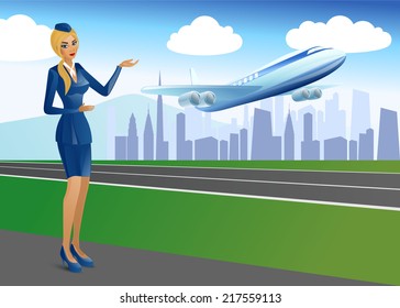 Stewardess at the airport a plane taking off