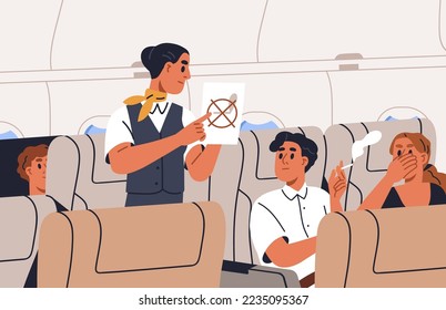 Las azafatas piden a los pasajeros que dejen de fumar en el avión a bordo. Operador de vuelo hablando con fumador con cigarrillo, resolviendo problemas con mal comportamiento, rompiendo reglas en el avión. Ilustración vectorial plana.