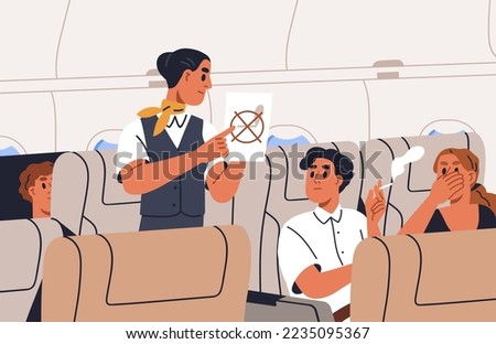 Stewardess ask passenger stop smoking in airplane on board. Flight attendant talking to smoker with cigarette, solving problem with bad behavior, breaking rules in air plane. Flat vector illustration.