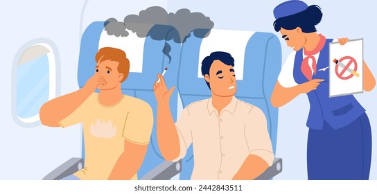 Stewardess asking male passenger to stop smoking in airplane on board vector illustration. Flight attendant scolding man characters who breaking rules in air plane