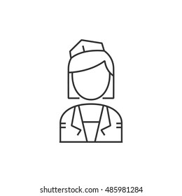 Stewardess avatar icon in thin outline style. Transportation aviation flight attendant service