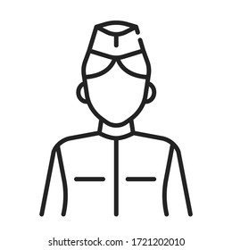 Stewardess black line icon. Member of an aircrew employed by airlines aboard commercial flights. Pictogram for web page, mobile app, promo. UI UX GUI design element.