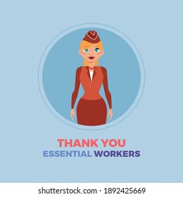 Stewardess Blue Thanks Essential Workers Logo - Vector