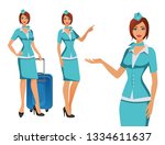 Stewardess in blue uniform. Flying attendants, air hostess pointing on information or standing with bag. Pretty profession stewardess cartoon character for infographics. Vector illustration.