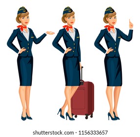 Stewardess in blauer Uniform. Flugbegleiterin, Flugbegleiterin. Professionelle Stewardess, Cartoon-Charakter. Vektorillustration