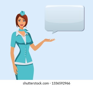 Stewardess in blue uniform. Flying attendants, air hostess pointing on information or standing with bag. Pretty profession stewardess cartoon character for infographics. Vector illustration.