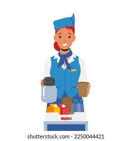 Stewardess in Blue Uniform with Meals on Tray Serving Passenger Isolated on White Background. Mealtime in Airplane Concept with Air Hostess with Offer Food in Plane. Cartoon People Vector Illustration