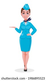 Stewardess in blue uniform presenting something. Beautiful woman stewardess cartoon character in professional uniform. Stock vector illustration on white background