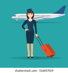 Stewardess in blue uniform with red suitcase and plane on background. Vector flat illustration