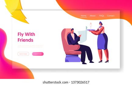 Stewardess Bringing Beverage to Man Comfortably Sitting in Aircraft Armchair. Flight Attendant Serving Passenger in Airplane. Website Landing Page, Web Page. Cartoon Flat Vector Illustration, Banner