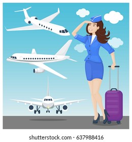 Stewardess brunette and plane set in blue and white colors. Vector illustration, cartoon style