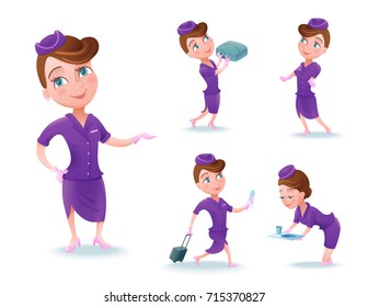 Stewardess cartoon character set, airline crew member, cute girl in violet uniform serving food, doing safety briefing, vector illustration