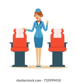 Stewardess-Zeichen in blauer Uniform für Fluggäste im Flugzeug, Flugbegleiter auf Vektorillustration Illustration des Flugzeugs