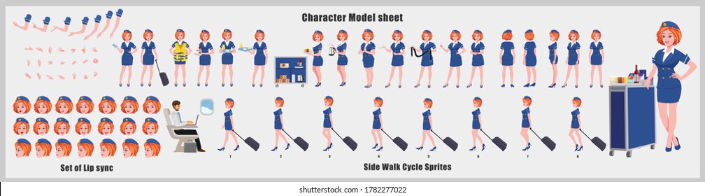 Stewardess Character Design Model Sheet with walk cycle animation. Girl Character design. Front, side, back view and explainer animation poses. Character set with various views and lip sync. 