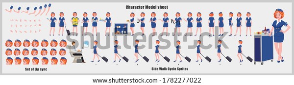 Stewardess Character Design Model Sheet with walk cycle\
animation. Girl Character design. Front, side, back view and\
explainer animation poses. Character set with various views and lip\
sync. 