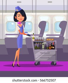 Stewardess character hold tray with food and drink. Vector flat cartoon illustration