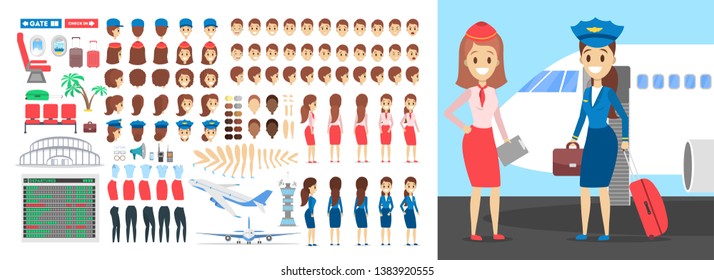 Stewardess character set for the animation with various views, hairstyle, emotion, pose and gesture. Airport element. Flat vector illustration