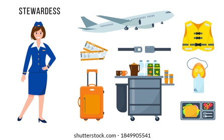 Stewardess character and set of elements for her work. Profession people concept. Vector illustrations isolated on white background.