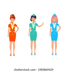 Stewardess characters. Various mascots in action poses. Airport and flight workers. Flight airline hostess, attendant in uniform service, vector illustration