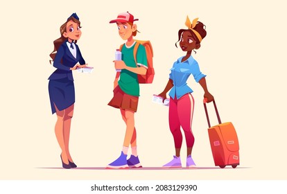 Stewardess check tickets of tourists. Vector cartoon illustration of people with luggage in queue and woman air hostess with boarding pass for airplane flight isolated on background