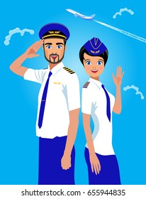 Stewardess and the commander of the ship.  Vector illustration.