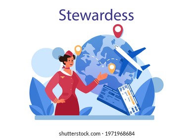 Stewardess concept. Flight attendants help passenger in airplane. Travel by aircraft. Idea of professional occupation and tourism. Isolated flat vector illustration