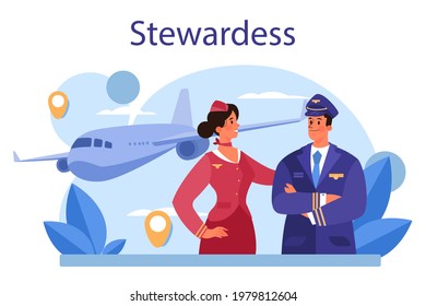Stewardess concept. Flight attendants help passenger in airplane. Travel by aircraft. Idea of professional occupation and tourism. Isolated flat vector illustration