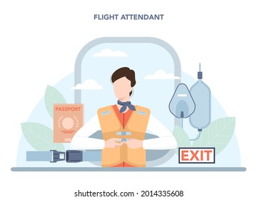 Stewardess concept. Flight attendants help passenger in airplane. Travel by aircraft. Idea of professional occupation and tourism. Isolated flat vector illustration