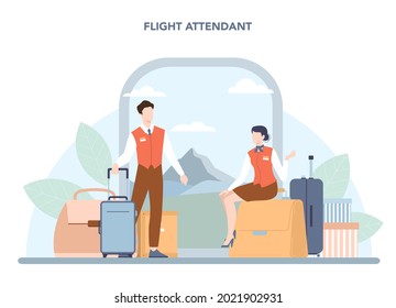 Concepto de azafata. Los asistentes de vuelo ayudan a los pasajeros en el avión. Viajes en avión. Idea de ocupación profesional y turismo. Ilustración vectorial plana aislada