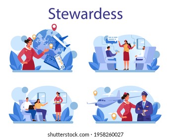 Stewardess concept set. Flight attendants help passenger in airplane