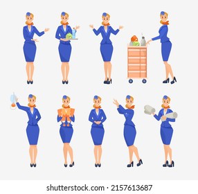 Stewardess doing different actions cartoon illustration set. Female flight attendant showing emergency exits in airplane, giving instruction on how to use oxygen mask and life vest. Occupation concept