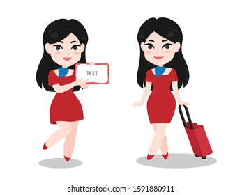 Stewardess dressed in red uniform isolated on white background. Vector illustration.