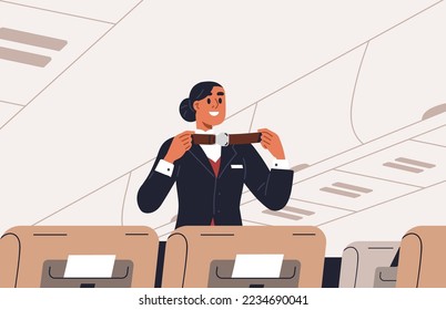 Stewardess during safety instructions in air plane. Flight attendant in airplane aisle, telling rules, instructing to fasten seat belts. Aircraft crew, security demonstration. Flat vector illustration