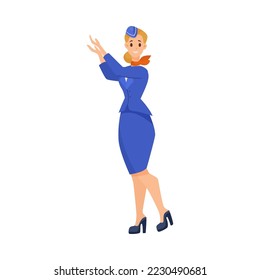 Stewardess explaining instructions cartoon illustration  Cartoon drawing female flight attendant holding hands in left direction white background  Occupation  safety concept