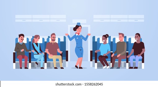 stewardess explaining instructions for mix race passengers flight attendant in uniform gesturing hands showing emergency exits safety demonstration concept airplane board interior horizontal vector