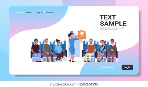 stewardess explaining for mix race passengers how to use life vest jacket flight attendant in uniform safety demonstration concept airplane board interior horizontal copy space vector illustration