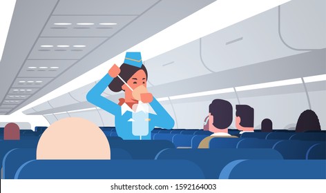 Stewardess Explaining For Passengers How To Use Oxygen Mask In Emergency Situation Flight Attendant Safety Demonstration Concept Modern Airplane Board Interior Horizontal Vector Illustration