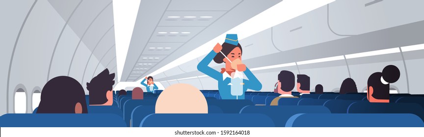 Stewardess Explaining For Passengers How To Use Oxygen Mask In Emergency Situation Flight Attendants Safety Demonstration Concept Modern Airplane Board Interior Horizontal Vector Illustration