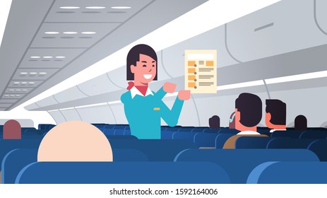 stewardess explaining for passengers instructions card female flight attendant safety demonstration concept modern airplane board interior horizontal portrait vector illustration