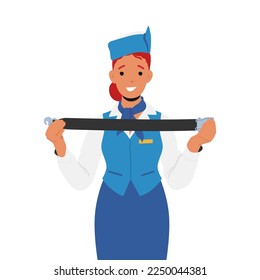 Stewardess Flight Attendant Ask Passengers to Fasten the Belt. Air Hostess Girl Wearing Blue Uniform and Cap, Airline Staff Female Character Isolated on White Background. Cartoon Vector Illustration