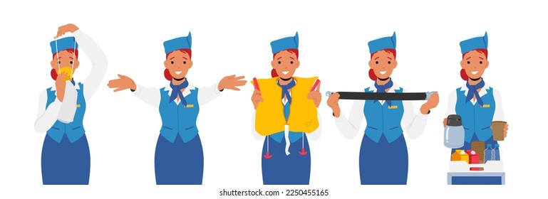 Stewardess Flight Attendant in Blue Uniform and Cap Explain Information to Passengers in Airplane. Air Hostess Put on Oxygen Mask, Giving Meals and Belt, Airline Staff. Cartoon Vector Illustration