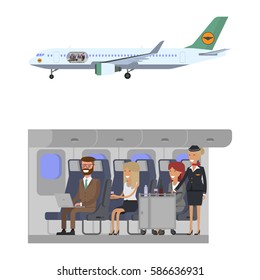 Stewardess food cart airplane. Passengers on board of the aircraft. Vector illustration flat
