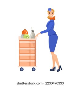 Stewardess with food cart cartoon illustration. Cartoon drawing of female flight attendant serving meals and drinks on white background. Occupation, service concept
