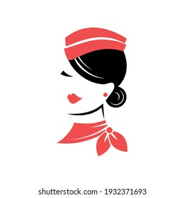 Stewardess in a garrison cap and a scarf. Avatar. Portrait. View front. Isolated vector illustration