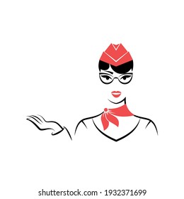 Stewardess in a garrison cap and a scarf hand points out. Avatar. Portrait. View front. Isolated vector illustration