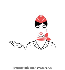 Stewardess in a garrison cap and a scarf hand points out. Avatar. Portrait. View front. Isolated vector illustration