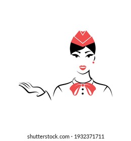 Stewardess in a garrison cap and a scarf hand points out. Avatar. Portrait. View front. Isolated vector illustration